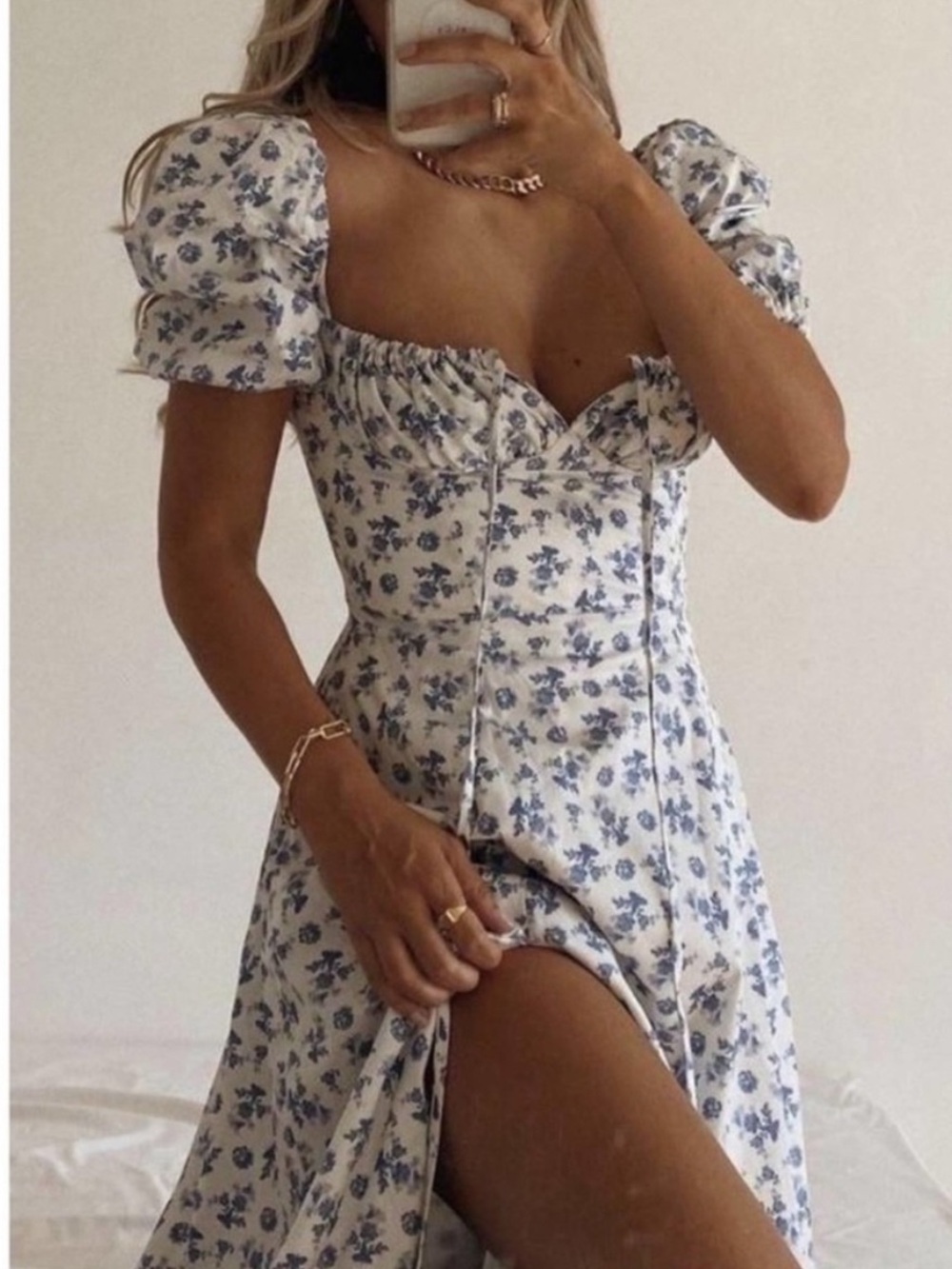 House of CB TALLULAH Floral Puff-Sleeve Sweetheart Midi Dress Blue
